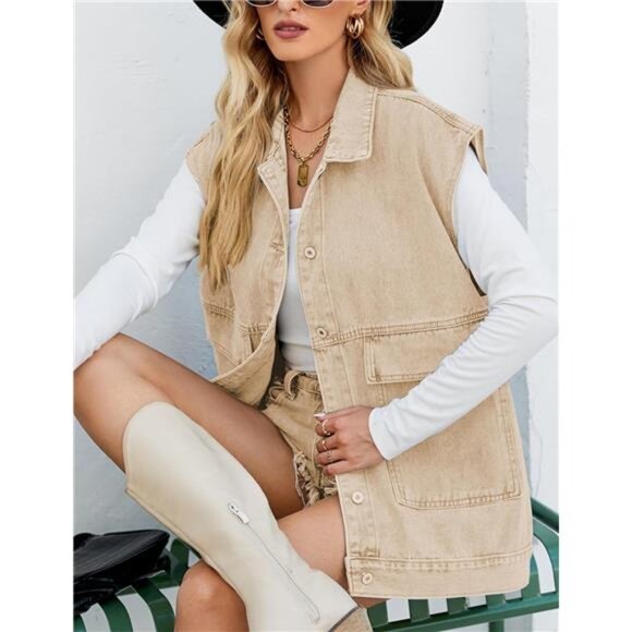 New Women's Cropped Distressed Denim Vest - Ripped Sleeveless Jean Jacket with - Picture 5 of 6